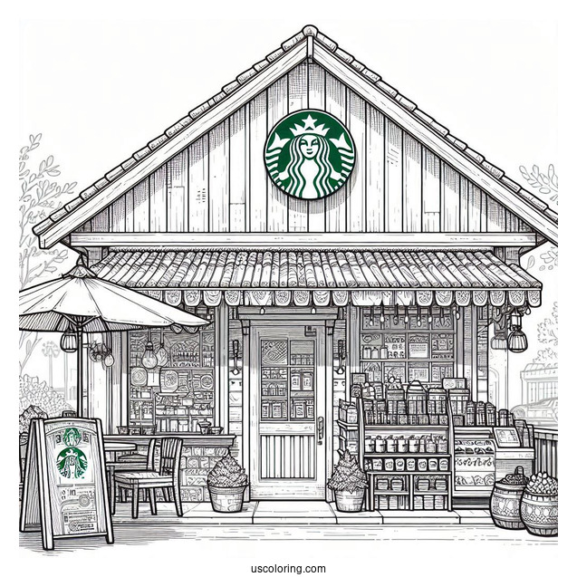 Detailed Starbucks Coloring Page Cafe Exterior