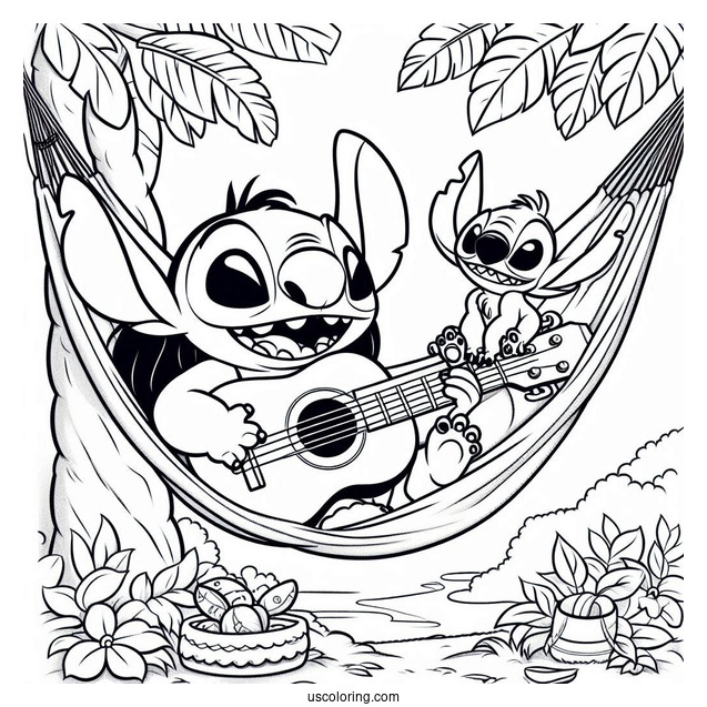 Lilo And Stitch Playing Guitar On a Hammock Coloring Page