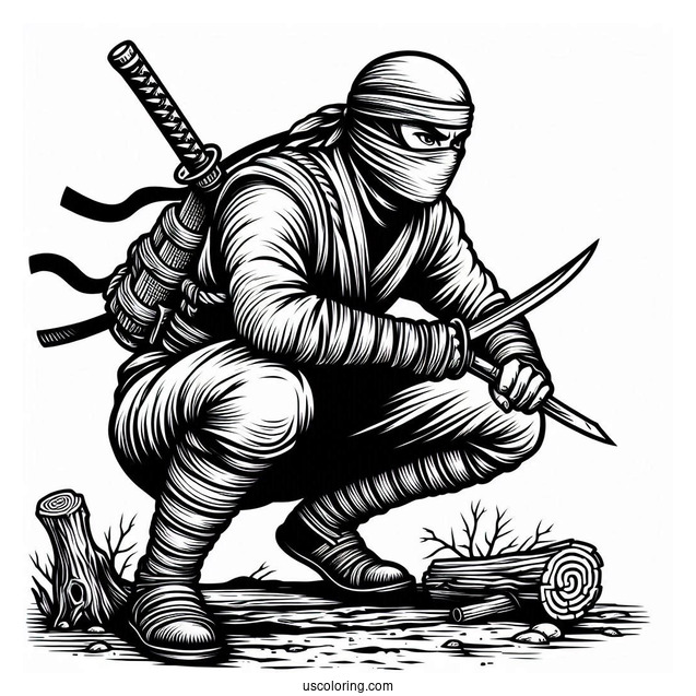 Detailed Ninja Crouching Low Coloring Sheet