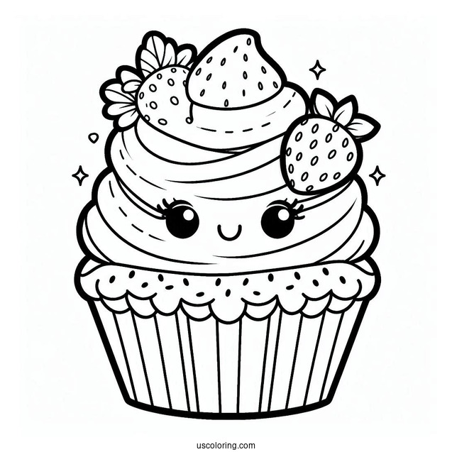 Kawaii Cupcake With Strawberries And Sugar Icing To Color