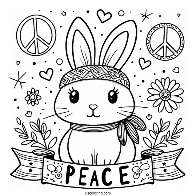 Hippie Rabbit Coloring Page With Peace Banner On Top