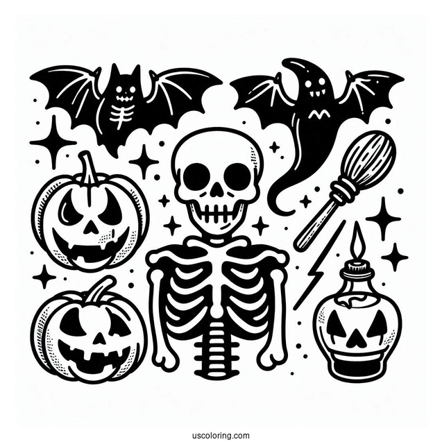 Skeleton Coloring Page Of Jack O Lantern With Ghost And Bat