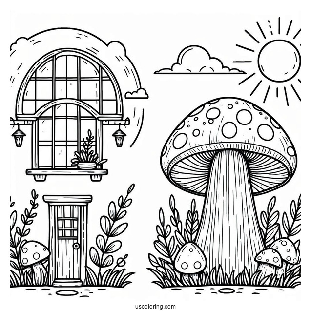 Mushroom Coloring Page House With Two Windows