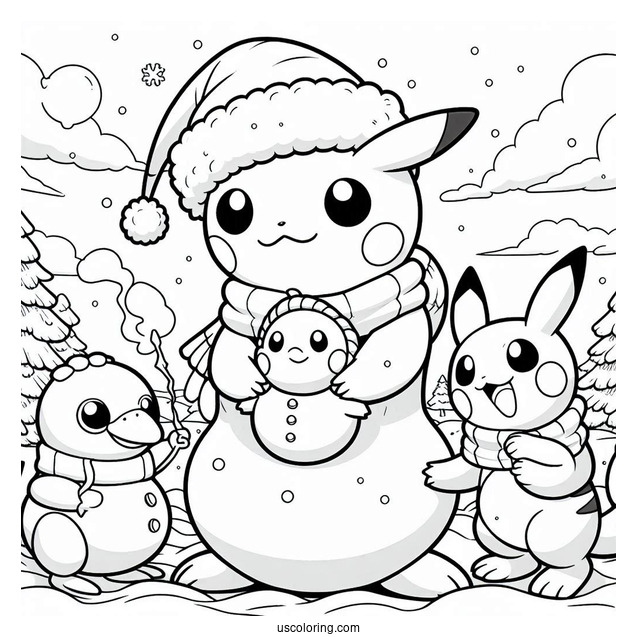Pokemon Christmas Coloring Page Pikachu, Charmander, And Psyduck Making A Snowman