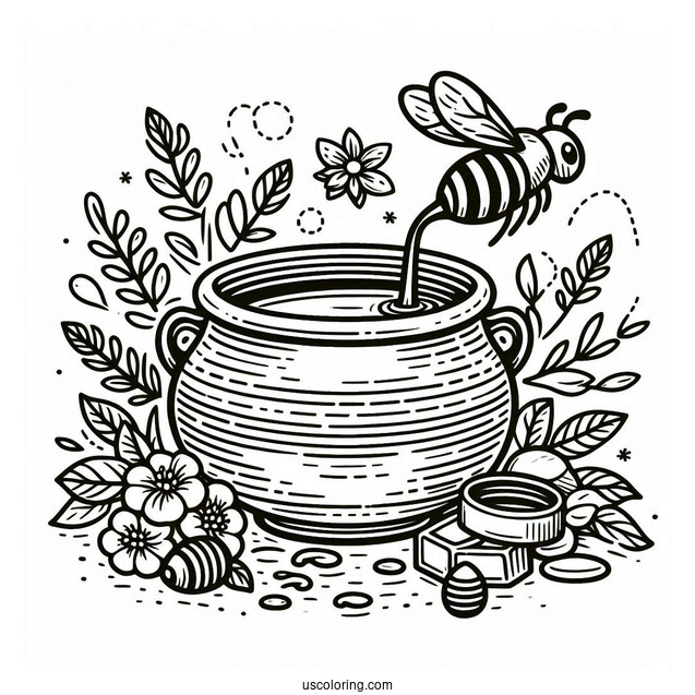 Pot Of Honey From Bee Coloring Page