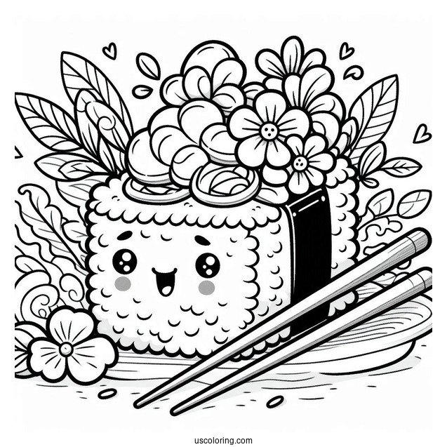 Adorable Cartoon Sushi Coloring Pages With Flowers And Chopsticks