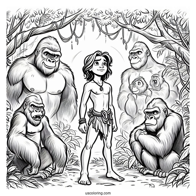 Young Tarzan Coloring Page Surrounded By Gorilla Family