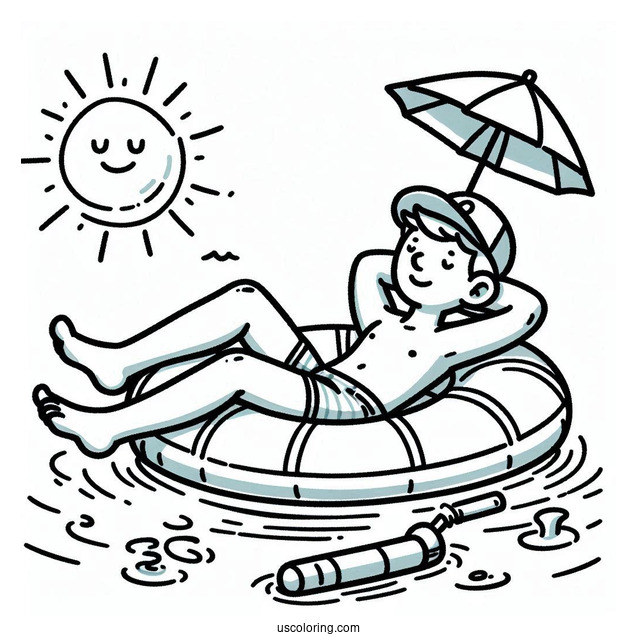 Swimming Coloring Page OF Man Relaxing On An Inflatable For Kids