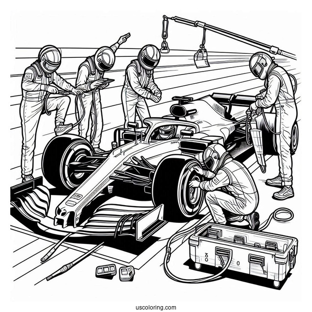 F1 Coloring Page Pit Stop Crew Servicing Race Car