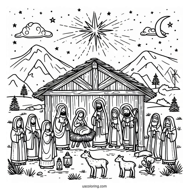 Easy Nativity Coloring Page Scene For Kids