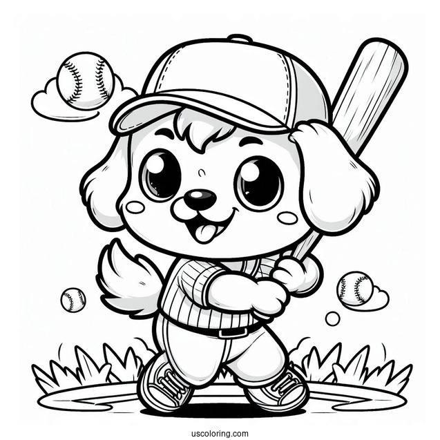Cartoon Dog in Baseball Coloring Page Uniform Ready to Swing For Kids