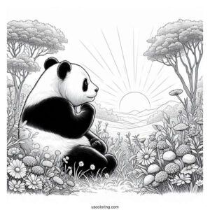 Realistic Panda Coloring Page Sitting in Flower Field with Sunrise in Background