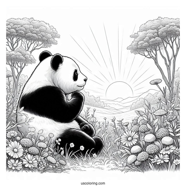 Realistic Panda Coloring Page Sitting in Flower Field with Sunrise in Background