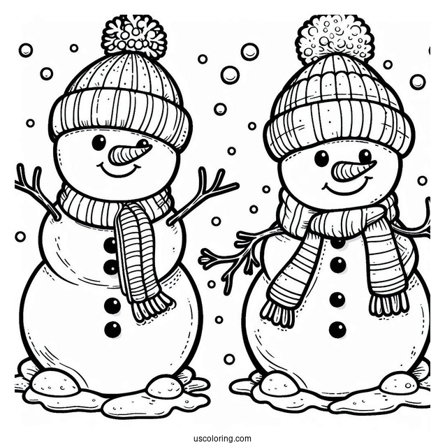 Cheerful Looking Snowmen In The Snow To Color