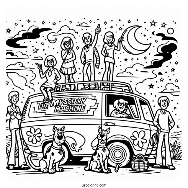 Scooby Gang With The Mystery Machine Coloring Page