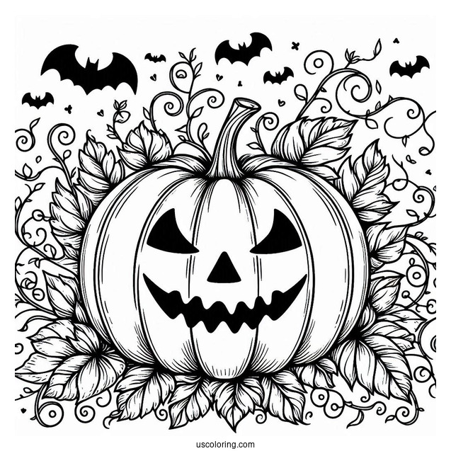 Pumpkin Coloring Page Of Spooky Jack O Lantern With Vines And Bats
