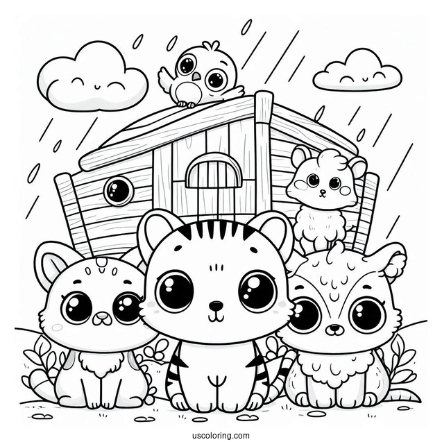 Kawaii Animals Looking Out Of Noah's Ark Coloring Page