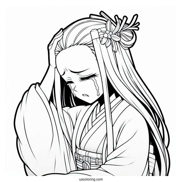 Nezuko Coloring Page Holding Head While Crying
