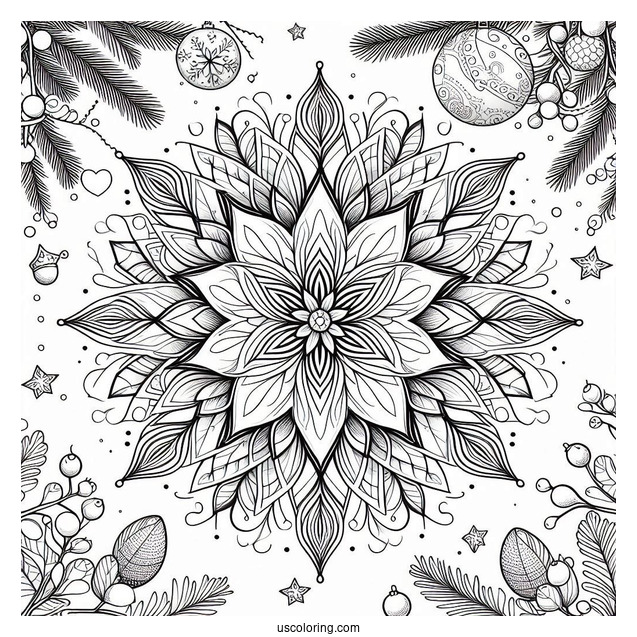 Flower Christmas Mandala Coloring Page Surrounded By Mistletoes