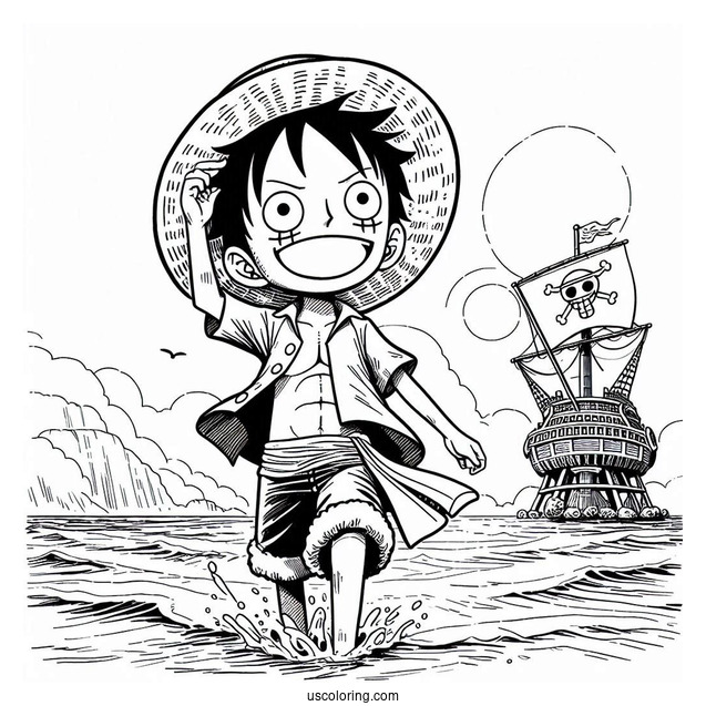 One Piece Coloring Page Of Monkey D. Luffy On Beach