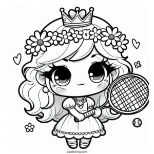 Kawaii Chibi Princess Daisy Coloring Page Holding Tennis Racket For Preschoolers