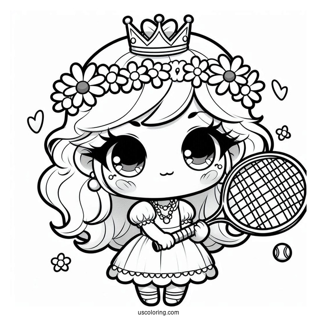 Kawaii Chibi Princess Daisy Coloring Page Holding Tennis Racket For Preschoolers