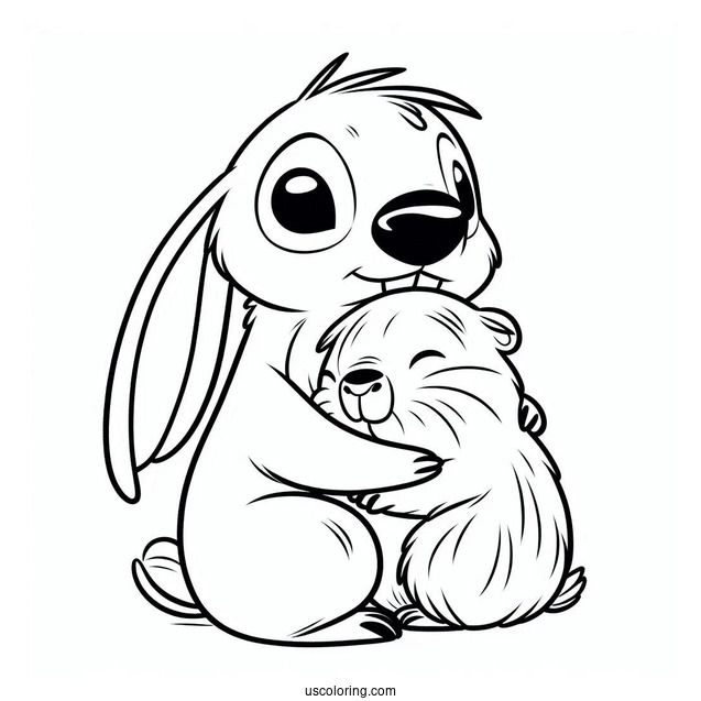Stitch Hugging A Furry Capybara Coloring Page For Kids