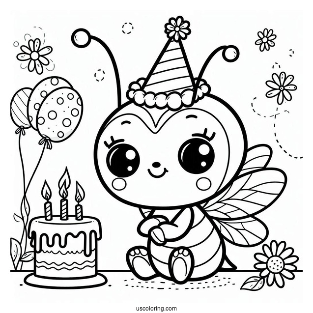 Bee Coloring Page Wearing Party Hats For Birthday Celebration