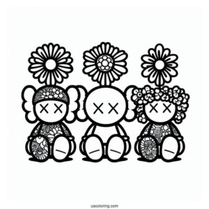 KAWS Coloring Page Companion With Retro Hippie Flower Background