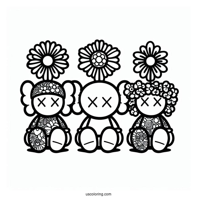 KAWS Coloring Page Companion With Retro Hippie Flower Background