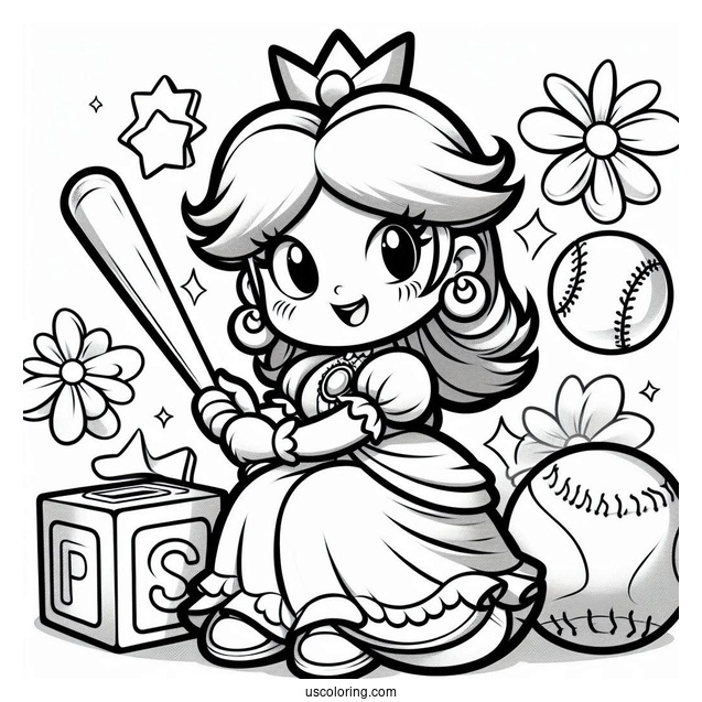 Princess Daisy Coloring Page Holding Block And Baseball Bat