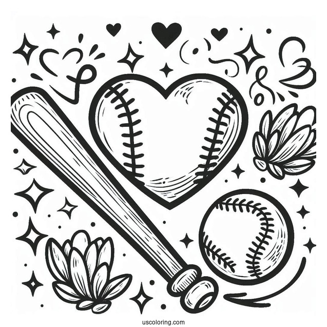 Baseball Coloring Page Of Heart and Bats For Preschoolers