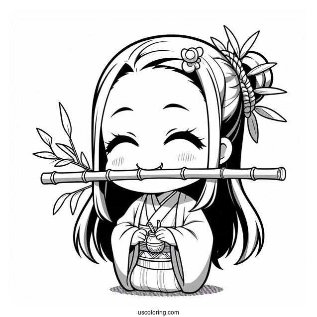 Cute Chibi Nezuko Coloring Page Biting Down Bamboo