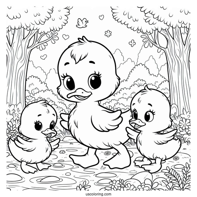 Three Little Ducklings In The Forest Coloring Sheet For Kids