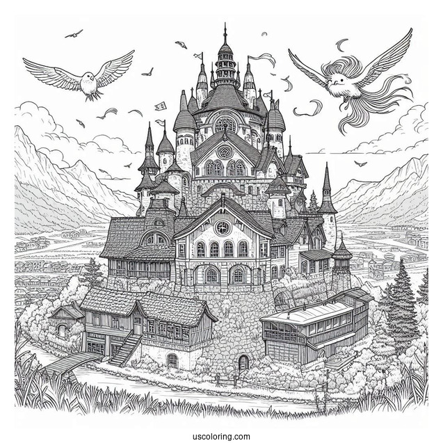 Studio Ghibli Coloring Page of Detailed Howl s Moving Castle