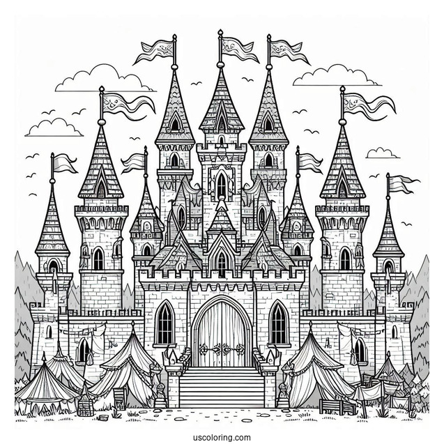 Fantasy Castle Coloring Page With Flags And Numerous Towers