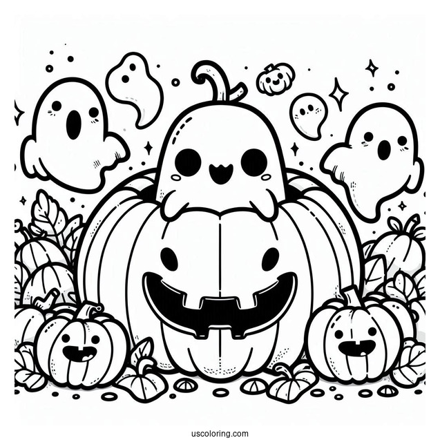 Cute Ghosts Coming Out Of A Pumpkin Coloring Page For Kids