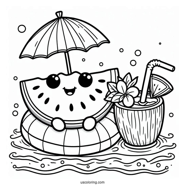 Summer Coloring Page Of Happy Watermelon On A Floatie With A Coconut Drink