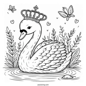 Swan Coloring Page With Crown In The Pond