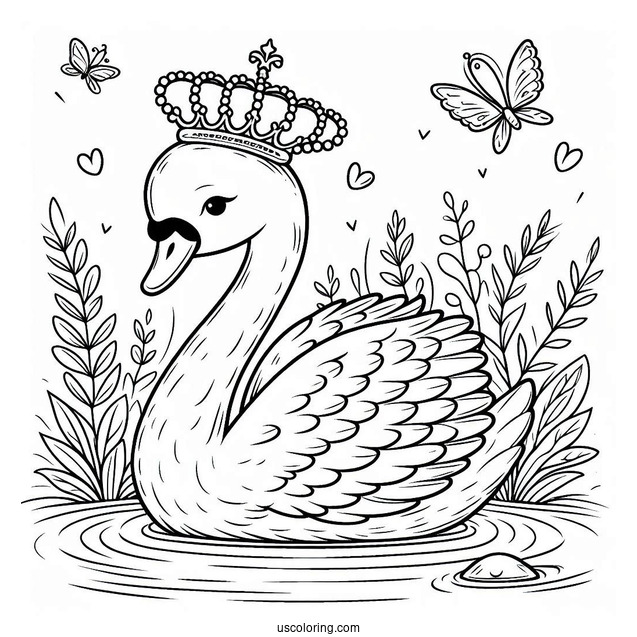 Swan Coloring Page With Crown In The Pond