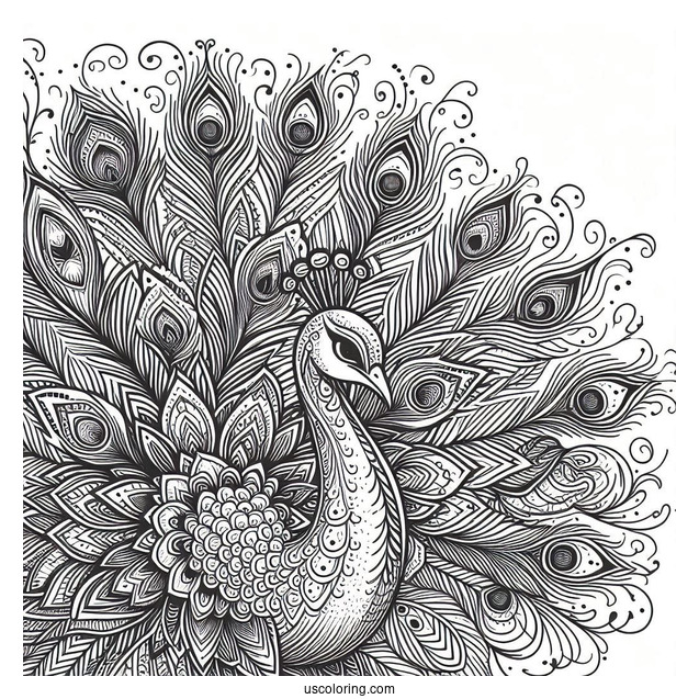 Full Page Peacock Coloring Page Close Up With Large Ornate Tail Feathers