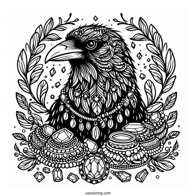 Raven Coloring Page Surrounded By Shiny Jewelry