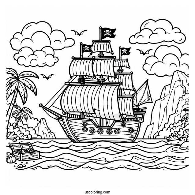 Large Cartoon Pirate Ship Coloring Page Near An Island