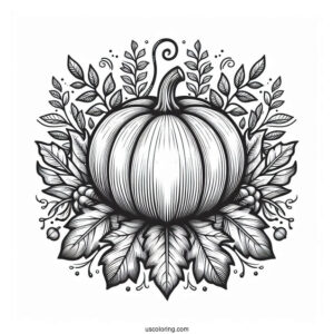 Top Of A Pumpkin Coloring Page Surrounded By Fall Leaves