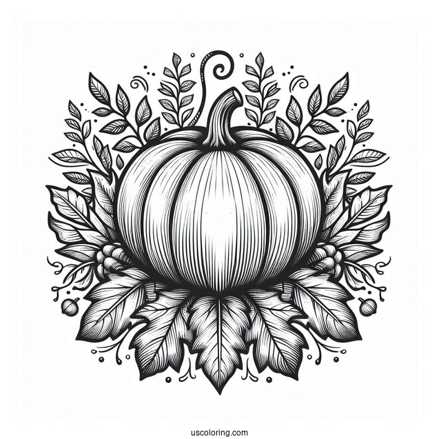 Top Of A Pumpkin Coloring Page Surrounded By Fall Leaves