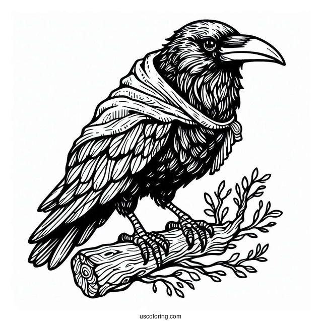Raven Coloring Page Wearing A Cape While Perched On A Tree
