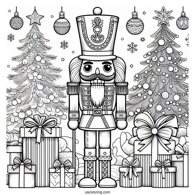 Detailed Nutcracker Coloring Page In Front Of Presents And Christmas Trees