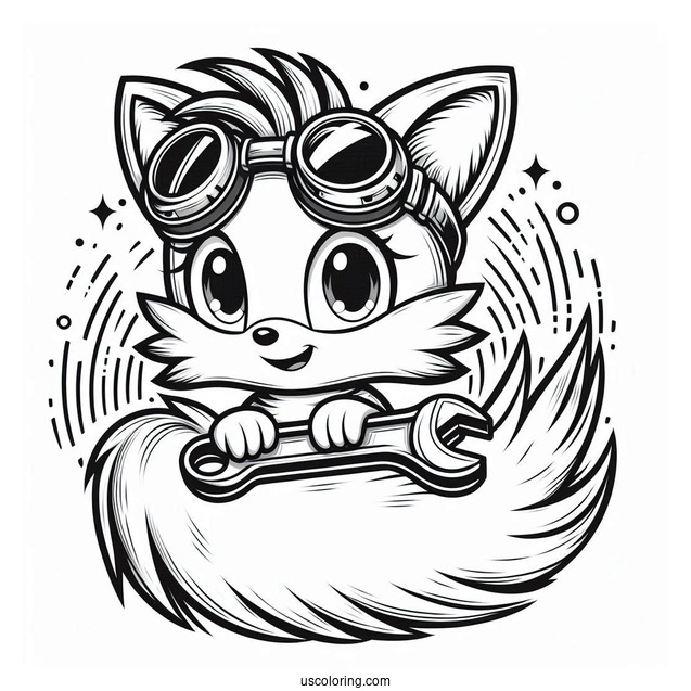 Detailed Tails Coloring Page With Goggles and Wrench