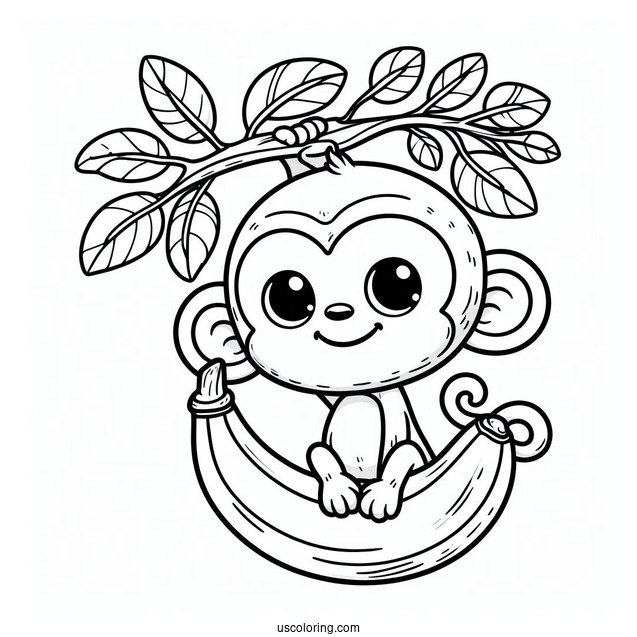 Little Monkey Hanging On A Vine Beside A Cool Banana Coloring Page