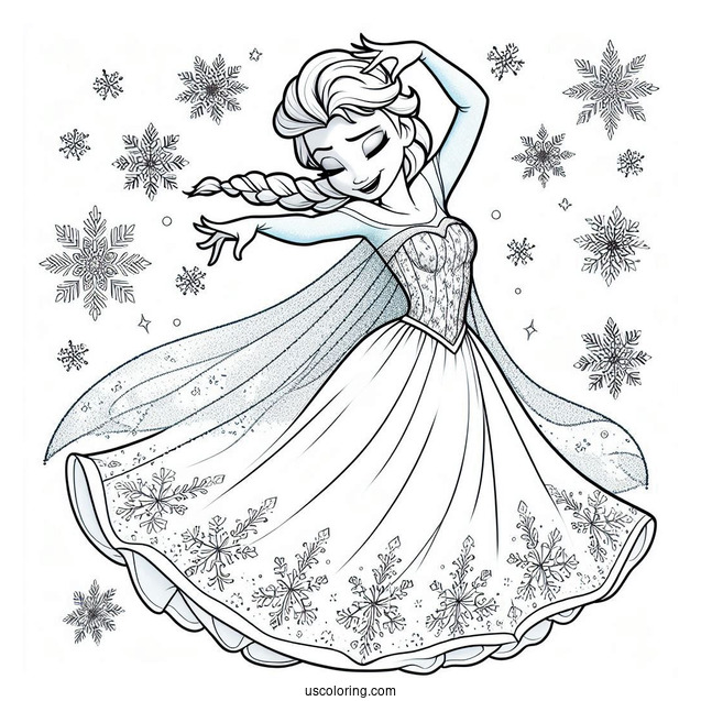 Dancing Elsa With Snow Flakes Coloring